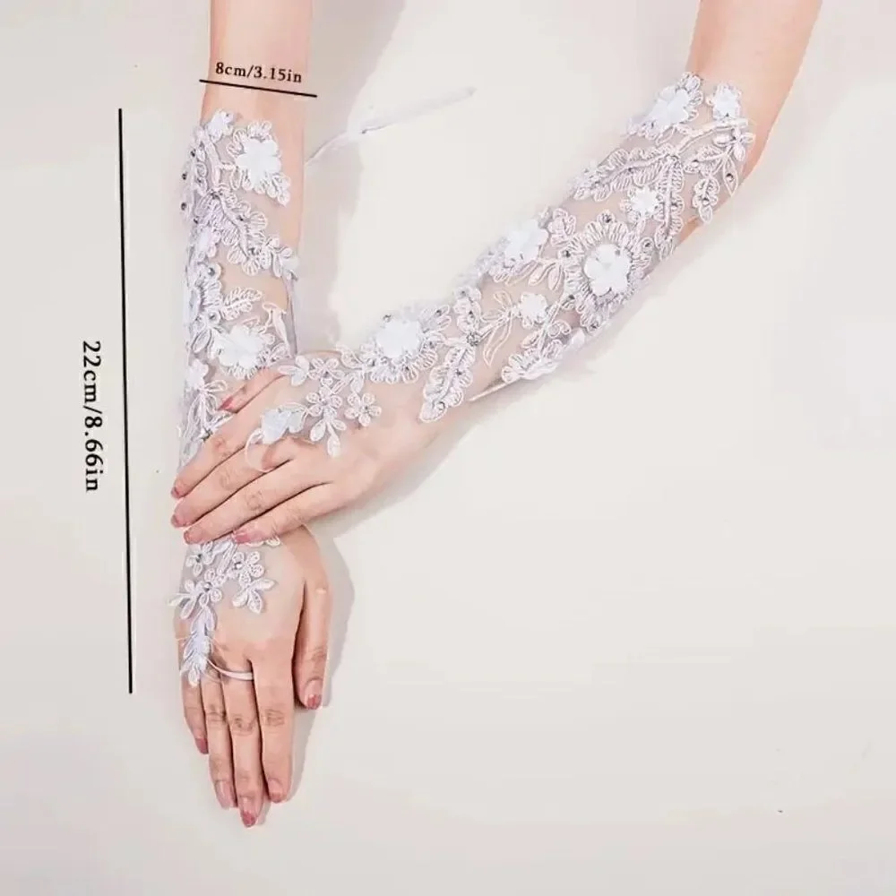 White Tulle and Lace Fingerless Bridal Wedding Gloves With Rhinestone Accents
